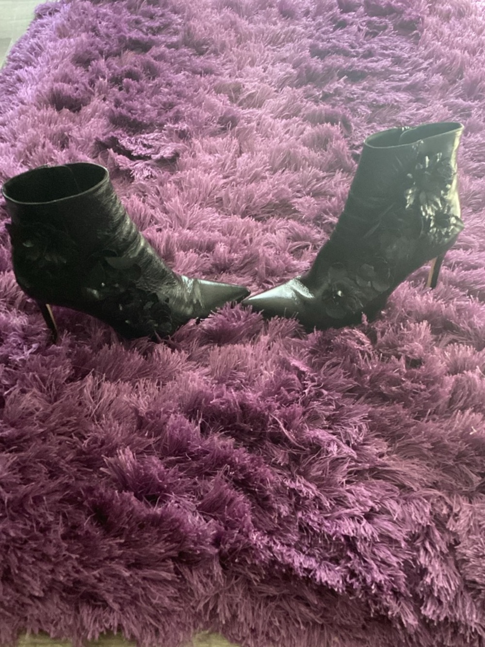 Zara Black Floral Applique Pointed Toe Ankle Boots